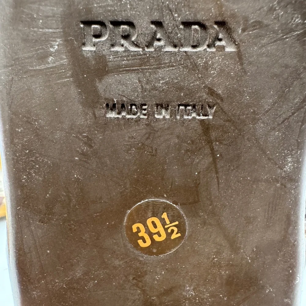 Prada Vintage Metal Triangle Logo Slingback Kitten Heel Sandals in Brown Leather